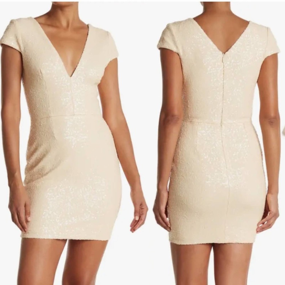 Dress The Population Zoe Sequin Minidress Cream Beige Womens Small